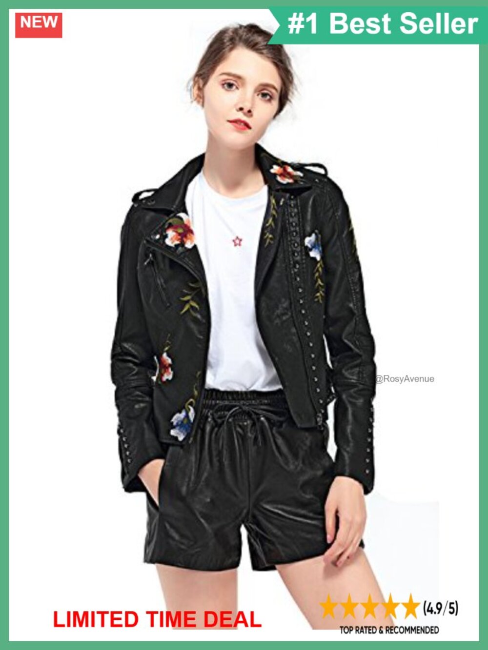 Faux Leather Floral Embroidered Moto Jacket Long Sleeve Zipper Coat